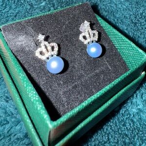 Elegant Silver Crown Blue Pearl Earrings